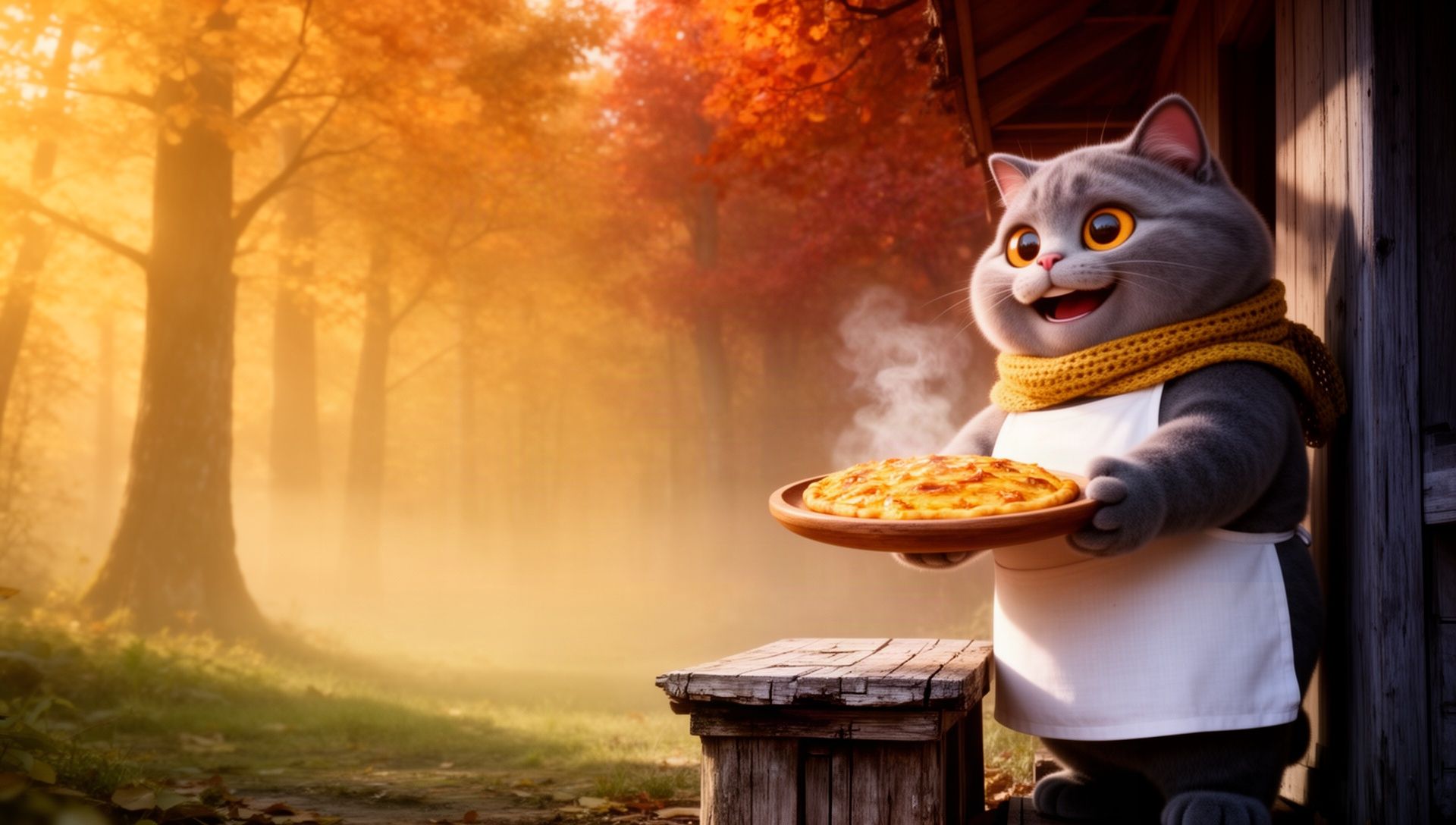 GobbleCat, a chubby grey cat in a mustard scarf, carries a steaming dish out of a sunny autumn forest